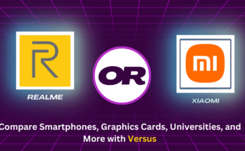 A graphic showcasing Versus comparison tool comparing smartphones, graphics cards, and universities.