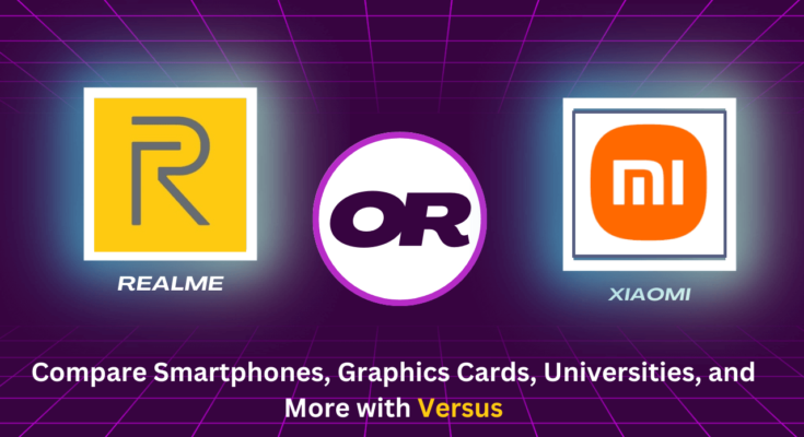 A graphic showcasing Versus comparison tool comparing smartphones, graphics cards, and universities.